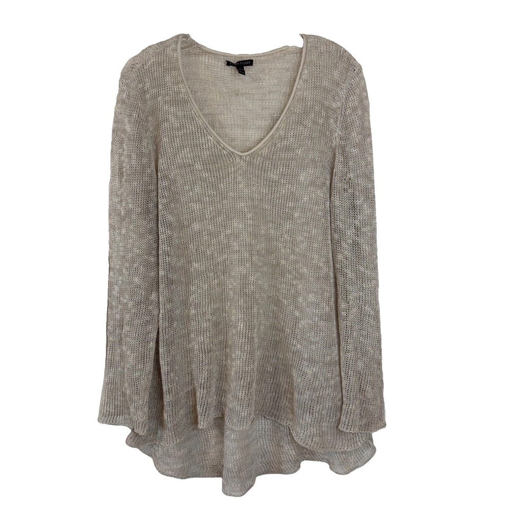 NEW Eileen Fisher  V Neck Open Knit Sweater Natural Beige Linen Blend Size XL